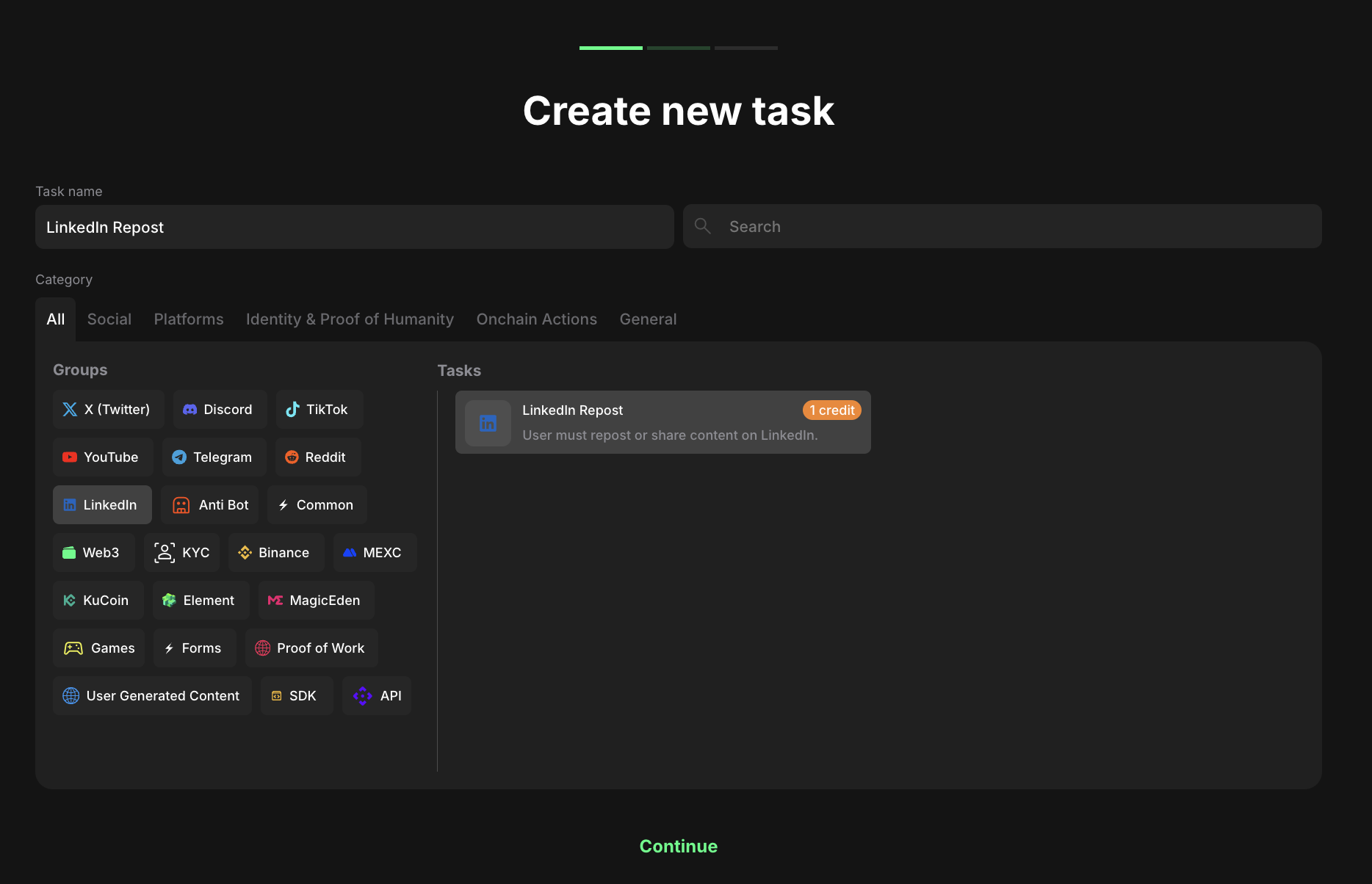 LinkedIn task type section