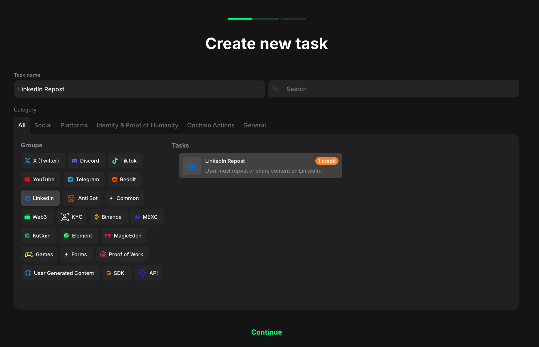 LinkedIn task type section
