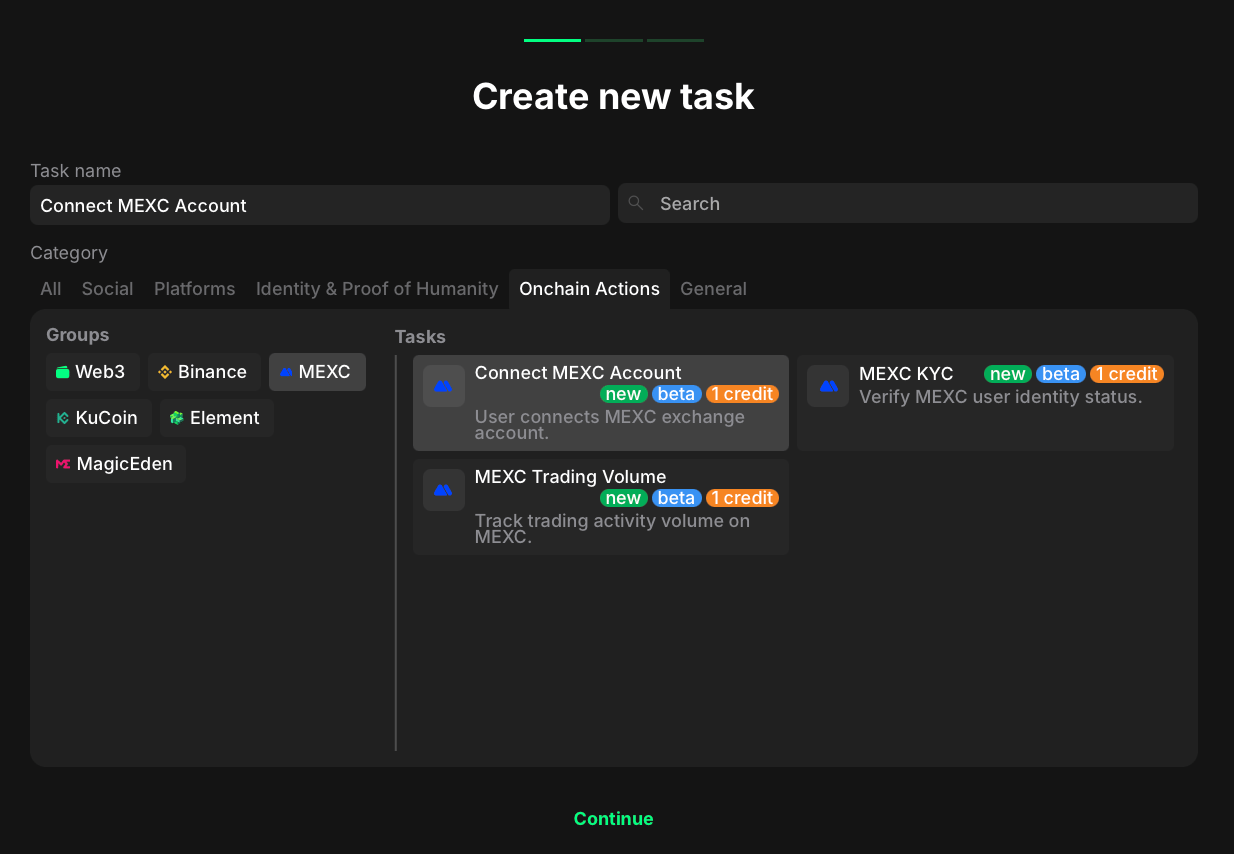 MEXC task types overview