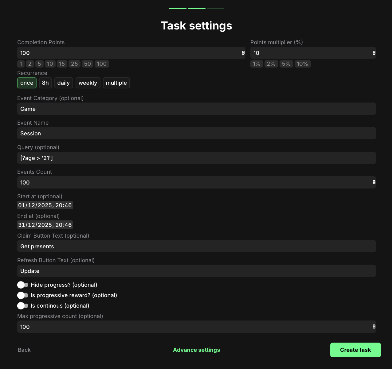 Onchain events count settings