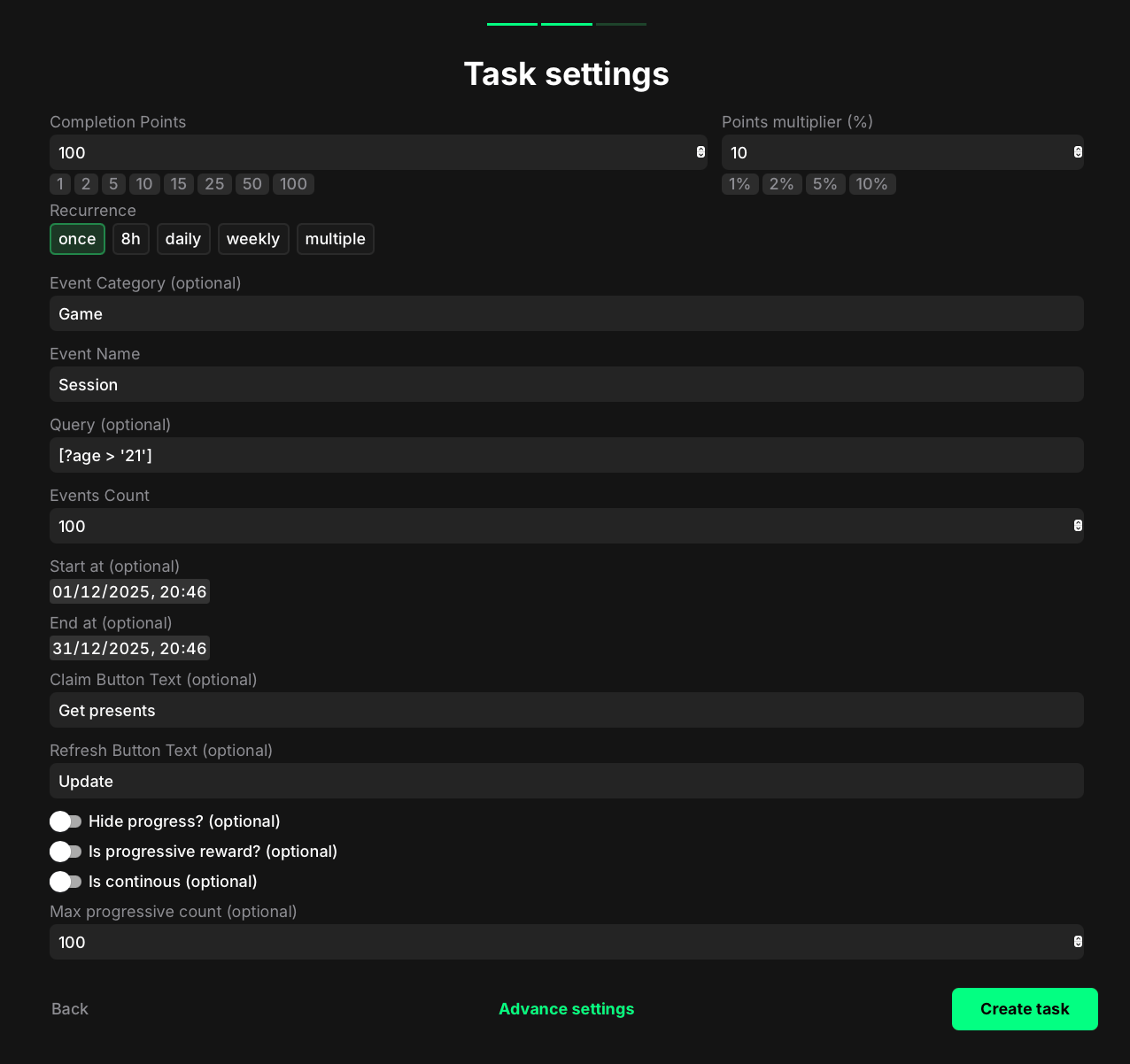 Onchain events count settings