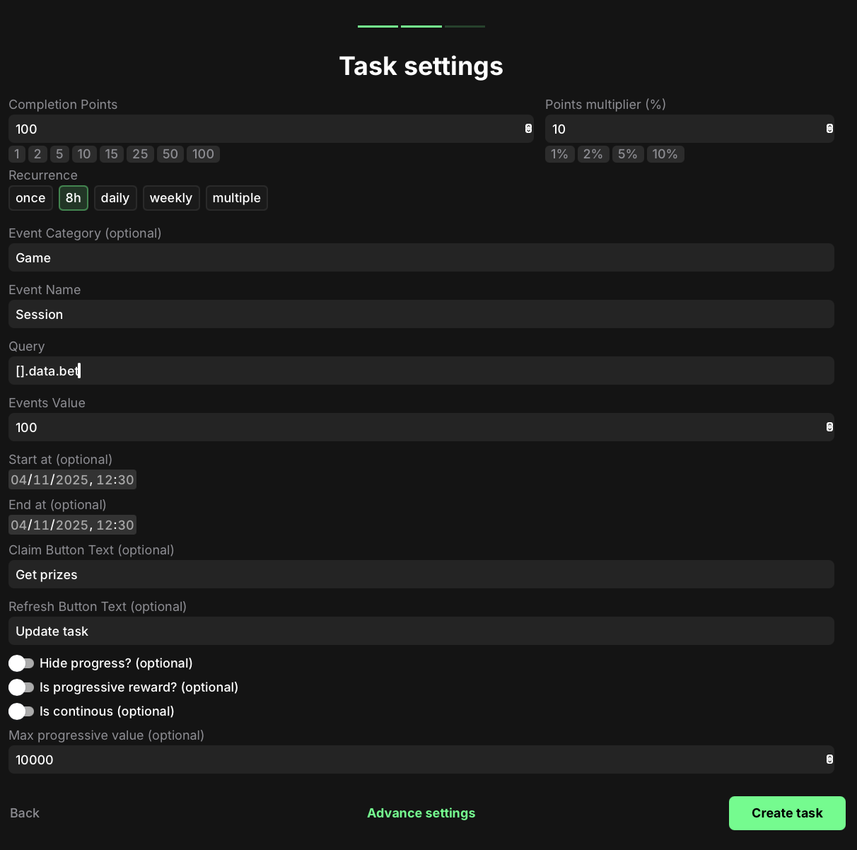 Onchain events value settings