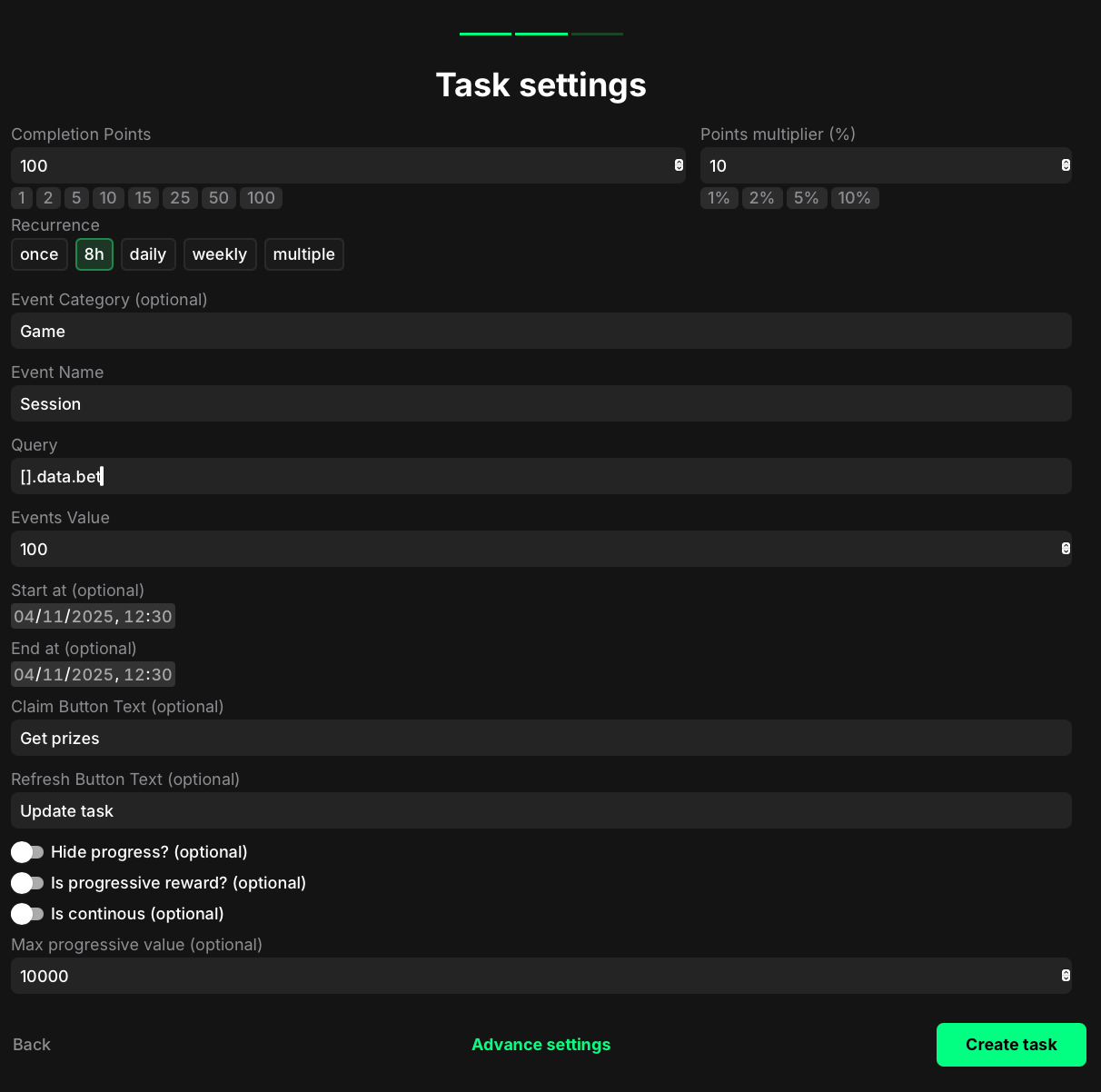 Onchain events value settings