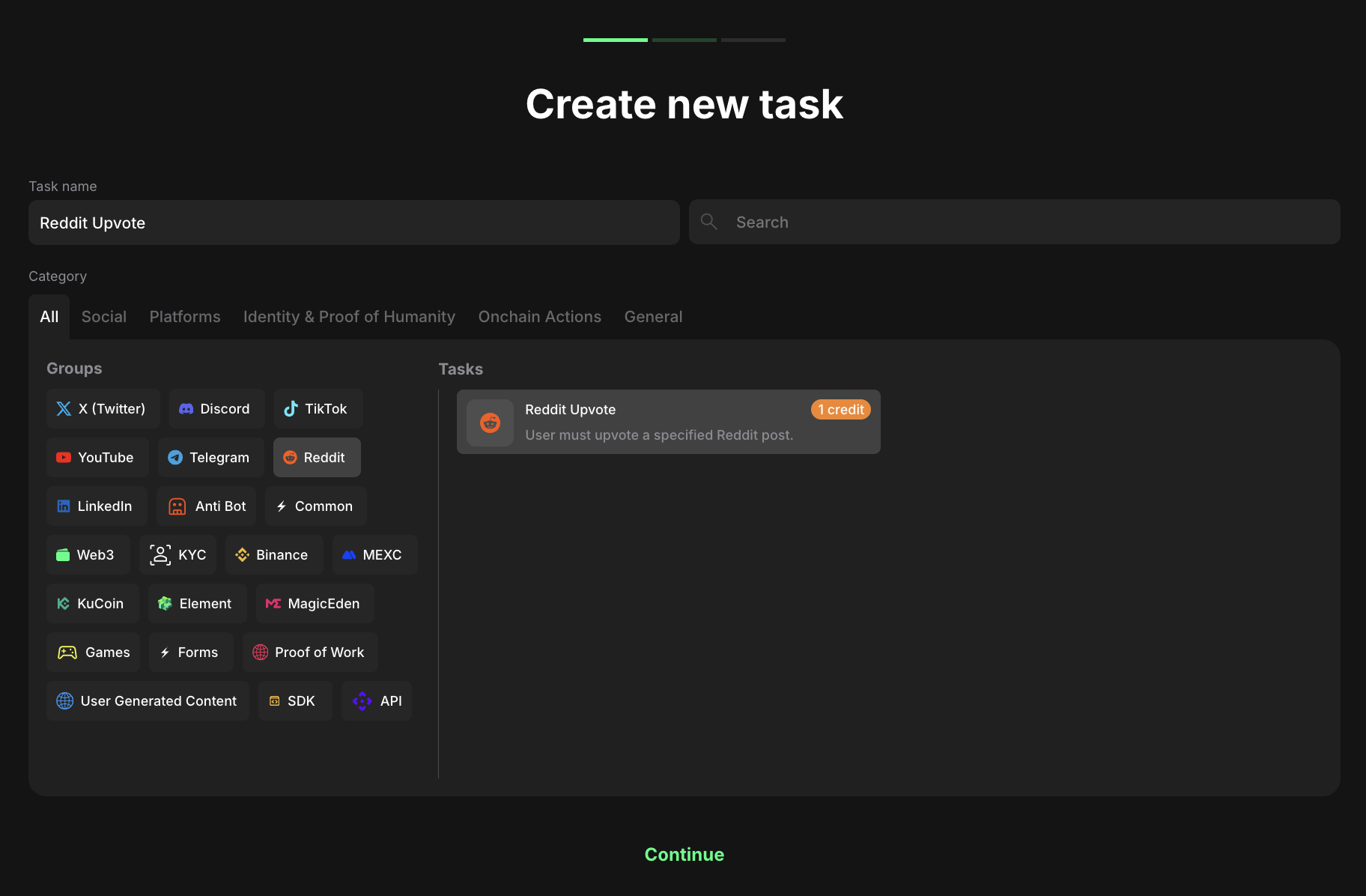 Reddit task type section