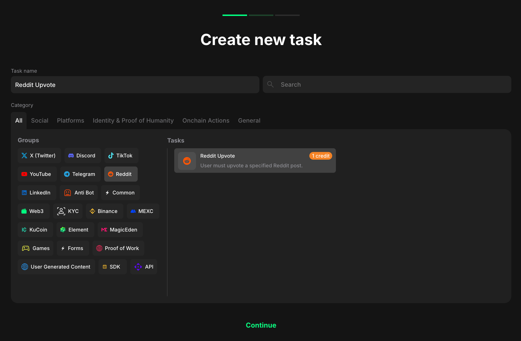 Reddit task type section