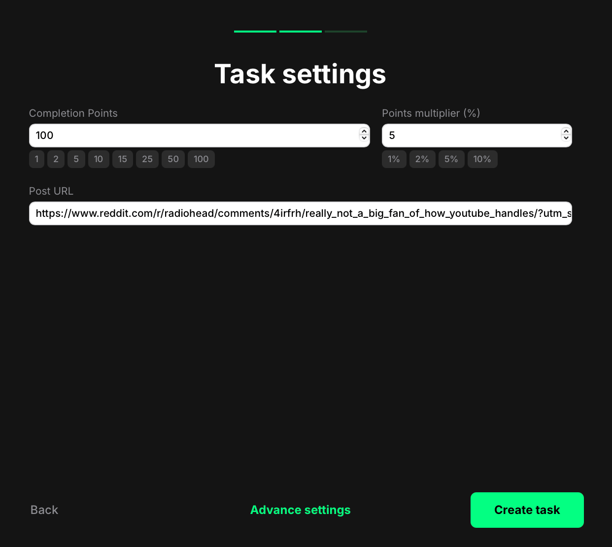 Reddit upvote task settings