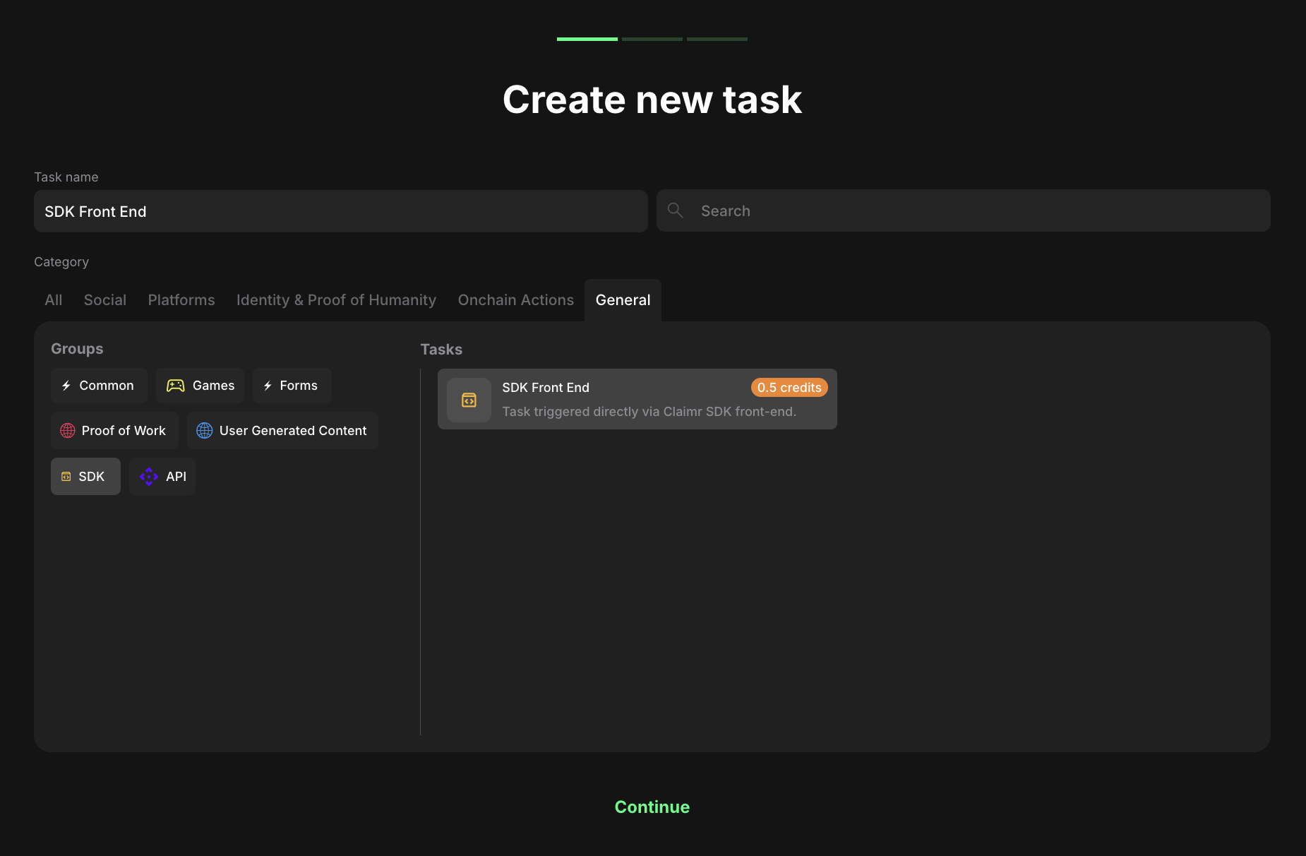 SDK task type selection