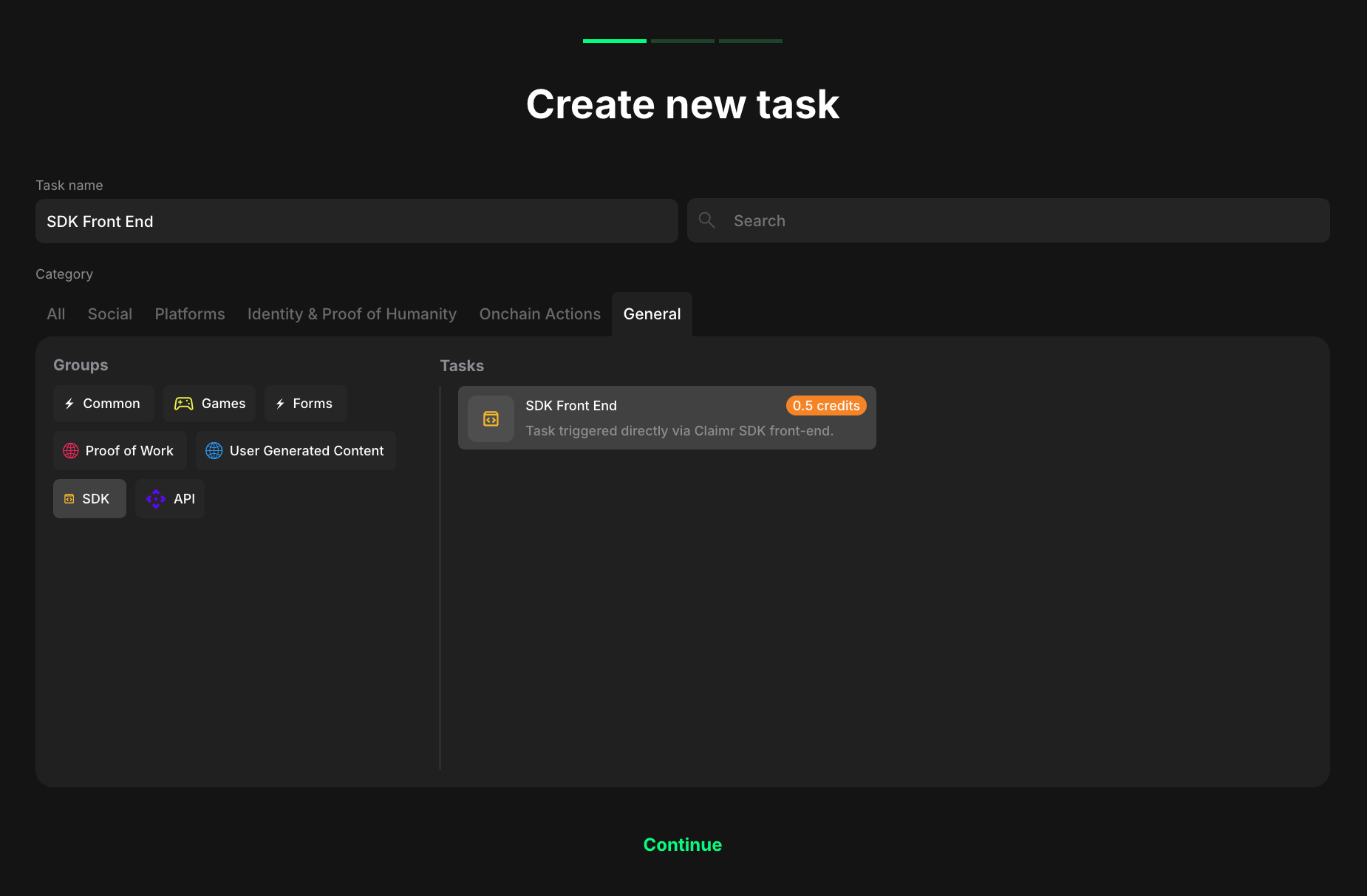 SDK task type selection