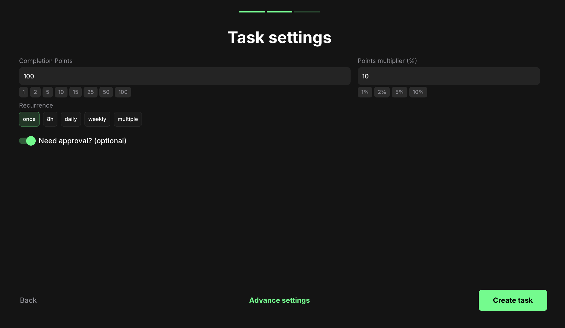 Submit YouTube video task settings