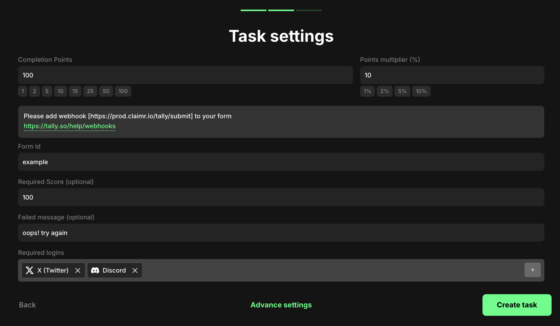 Tally Quiz task settings