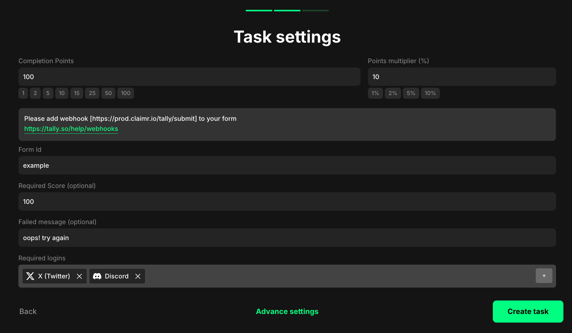 Tally Quiz task settings