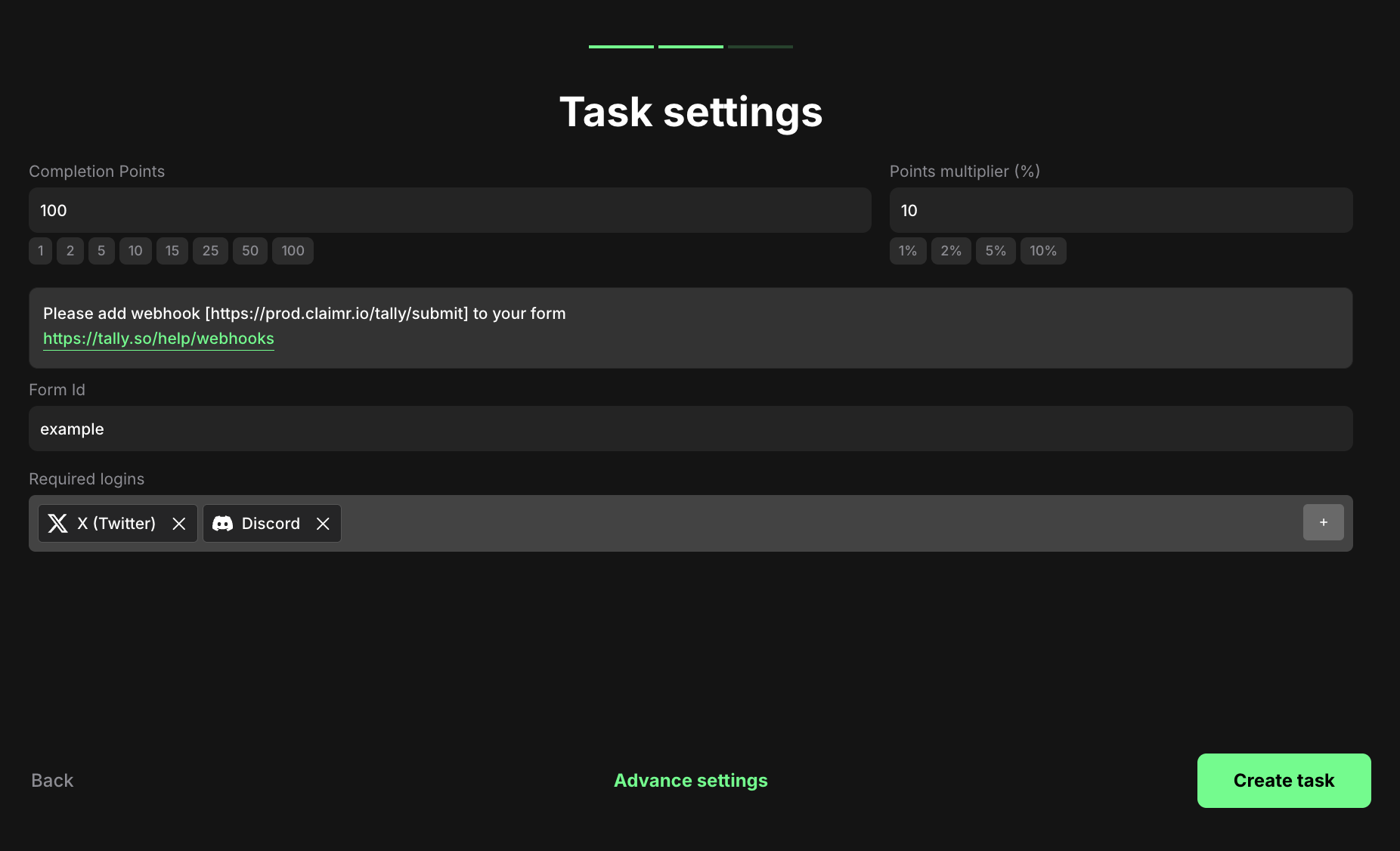 Submit Tally form task settings