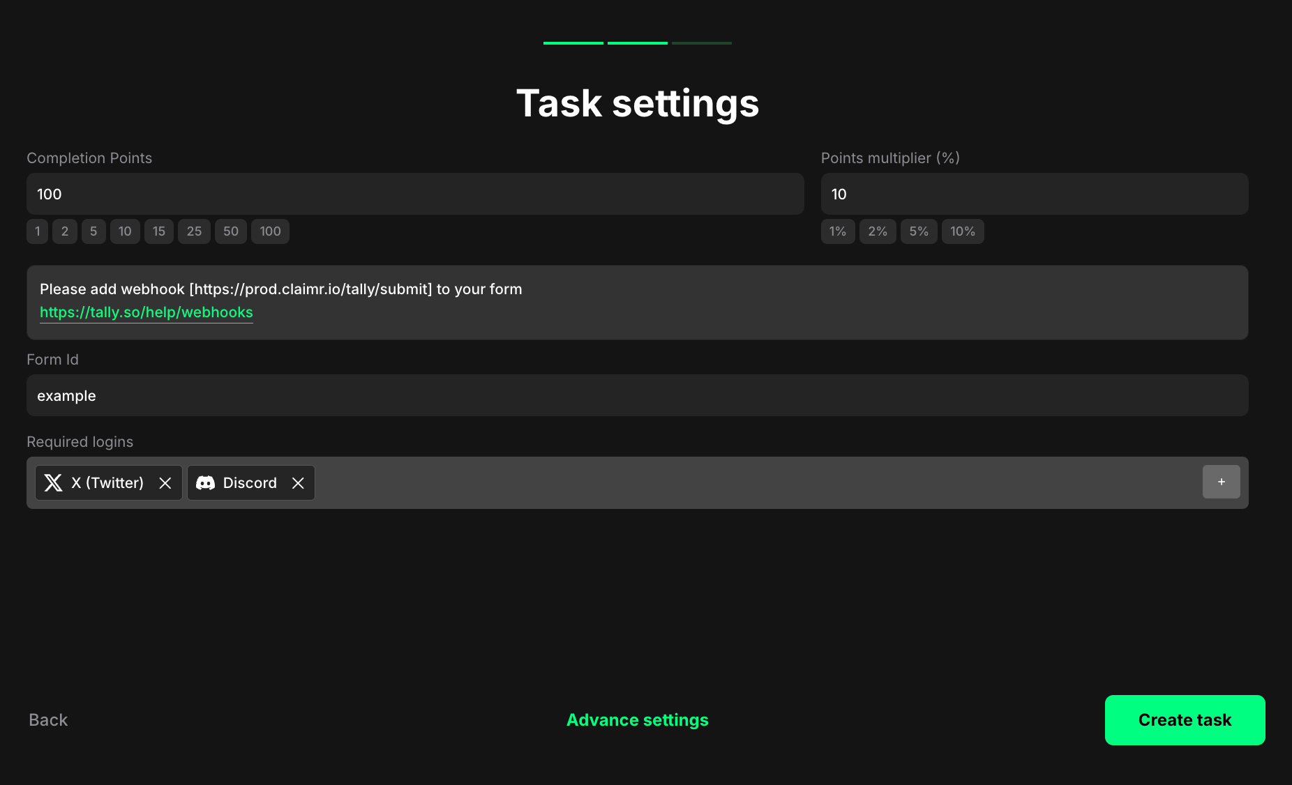 Submit Tally form task settings