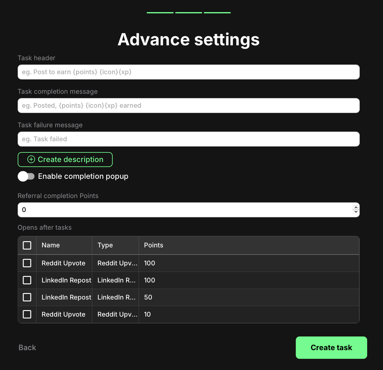 Task advanced settings