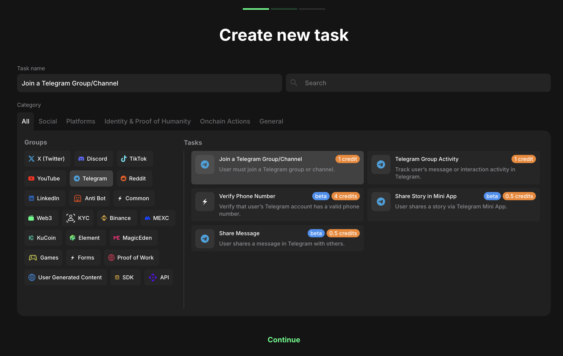 Telegram task type section