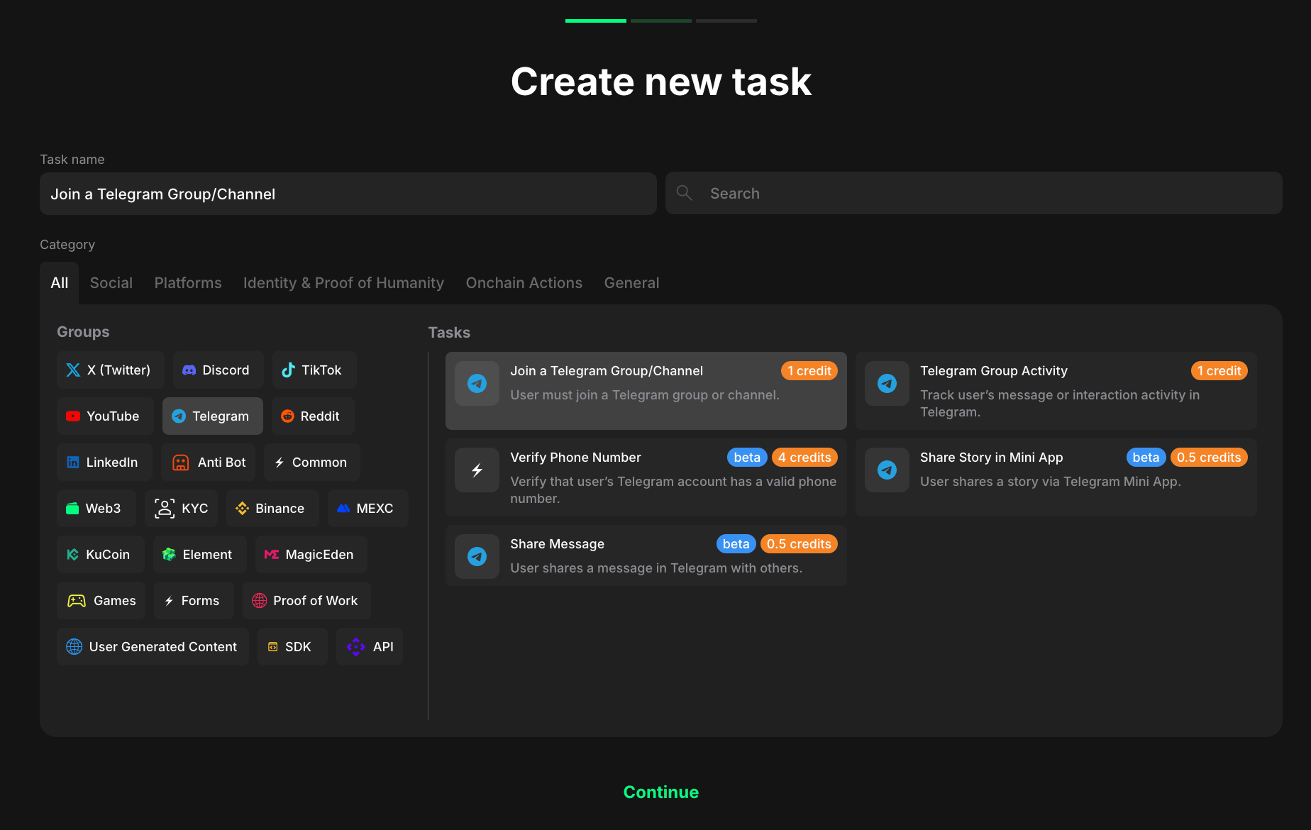 Telegram task type section