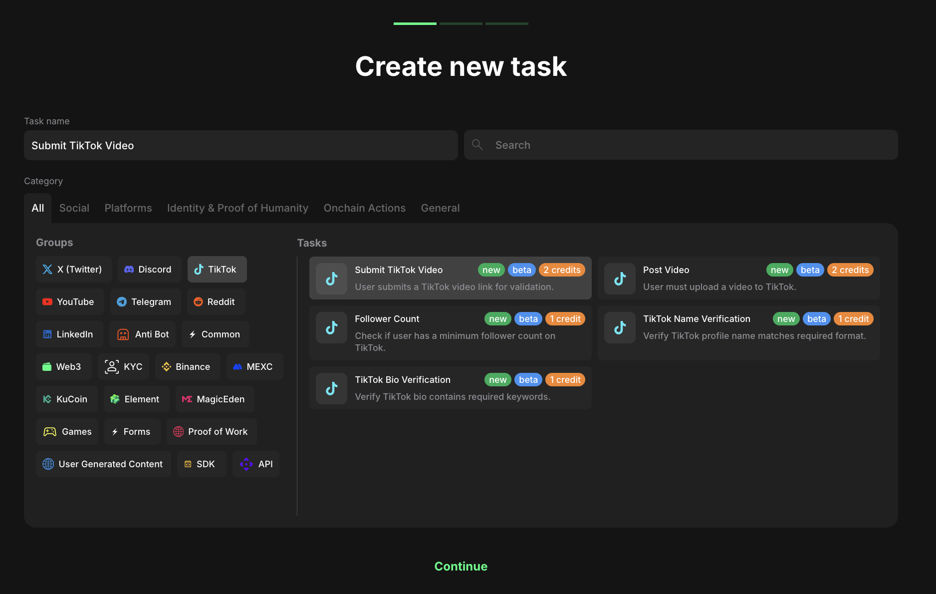 TikTok task type section