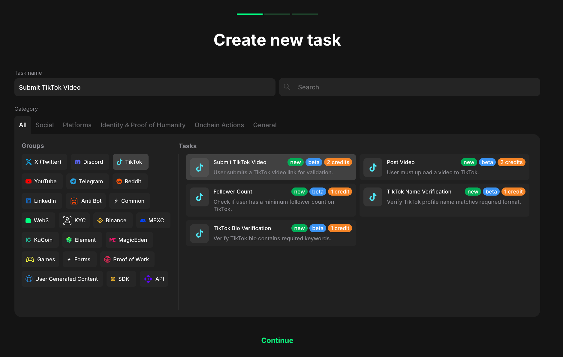 TikTok task type section