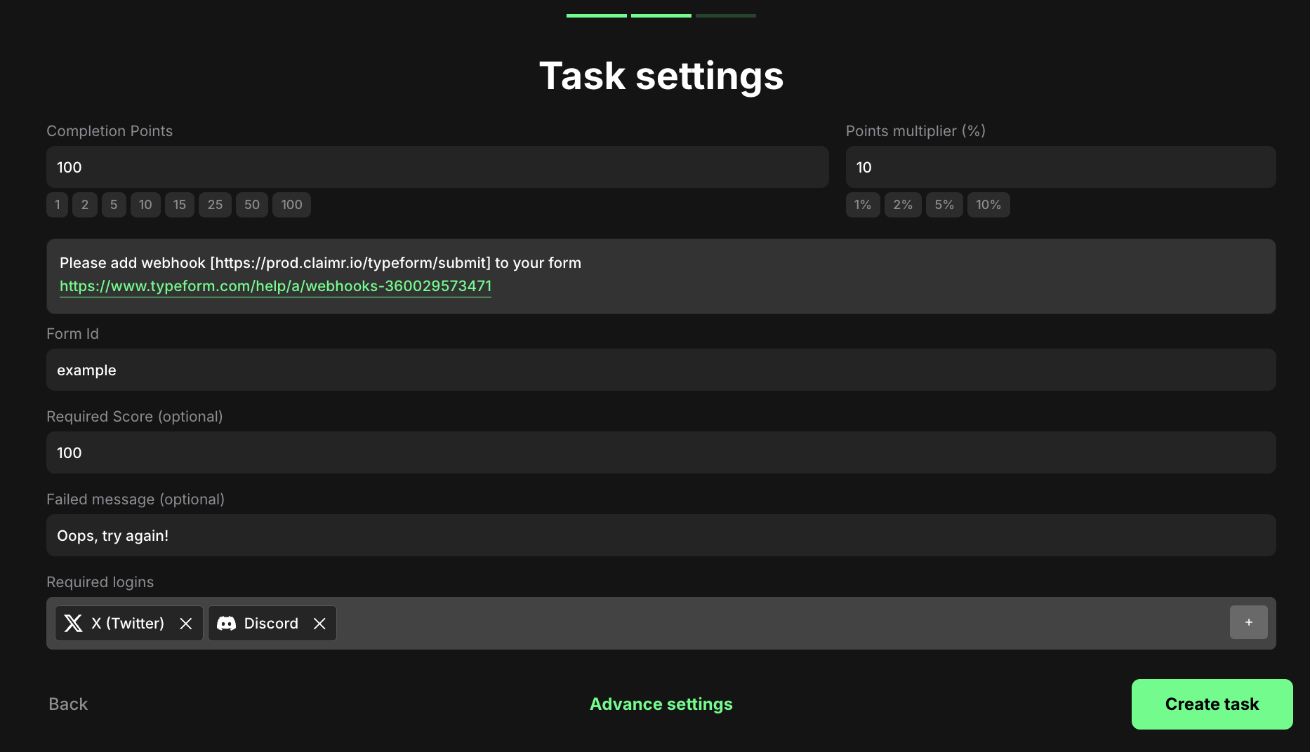 Typeform Quiz task settings