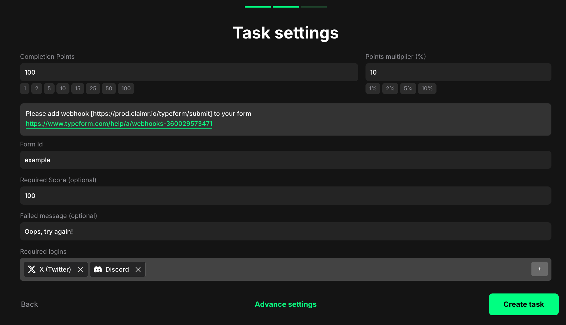 Typeform Quiz task settings