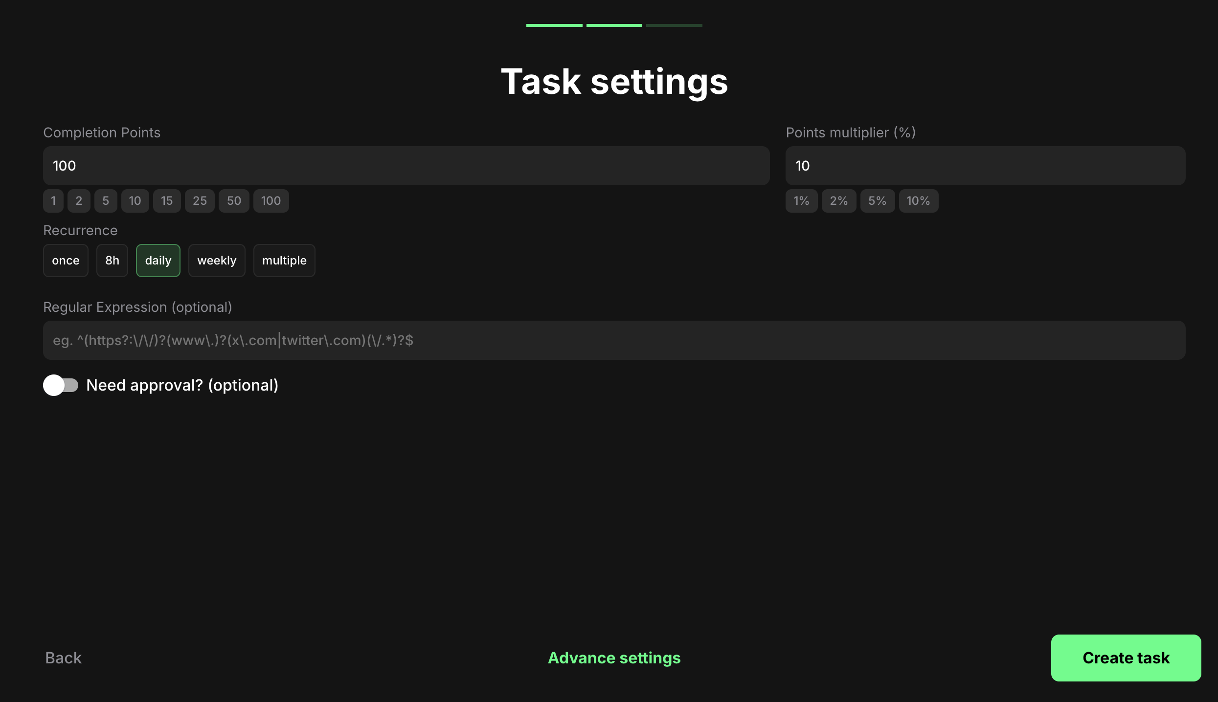 UGC link task settings