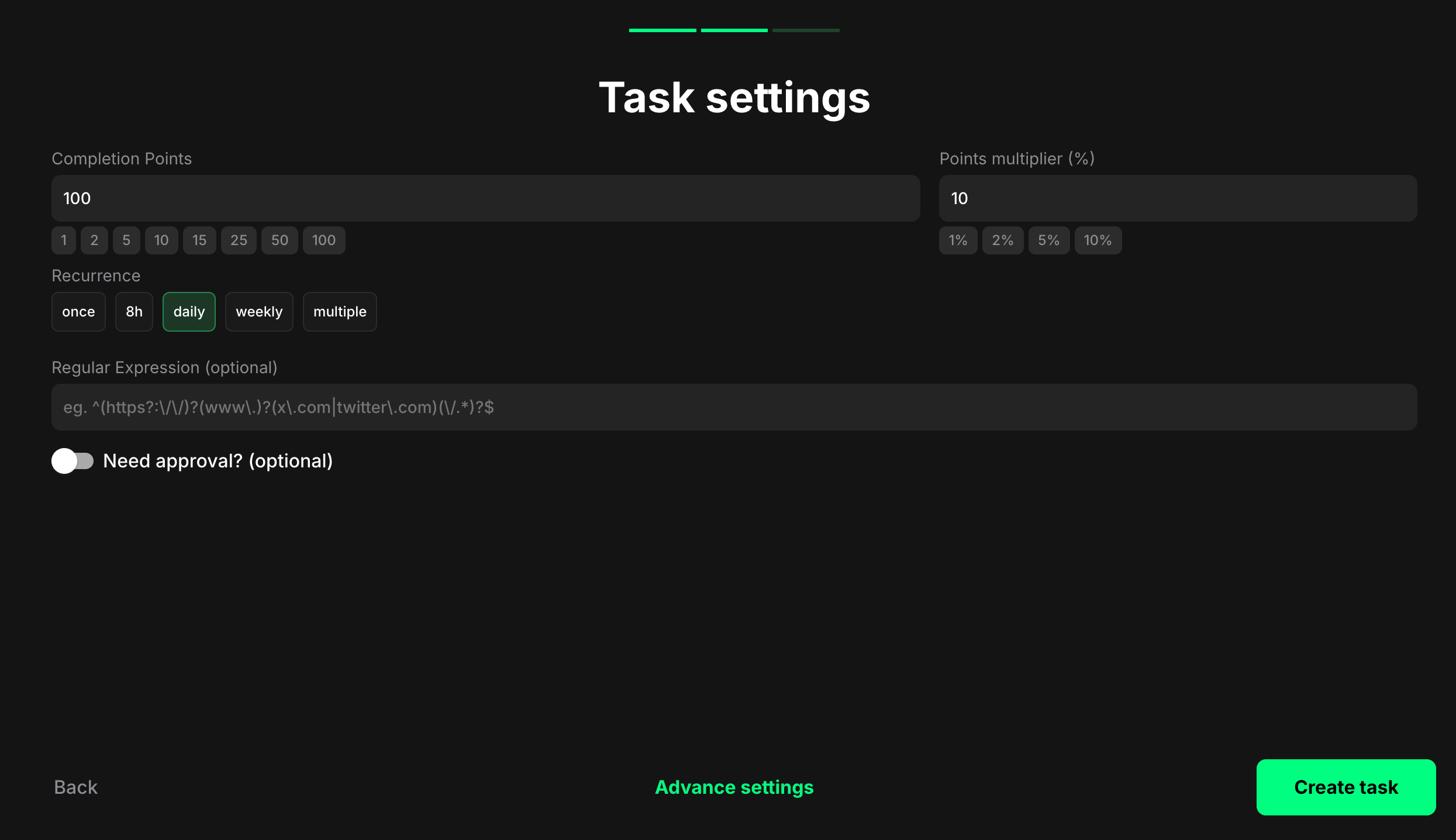 UGC link task settings