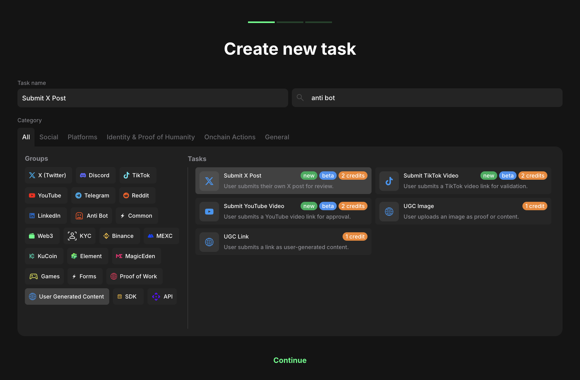 UGC task type selection