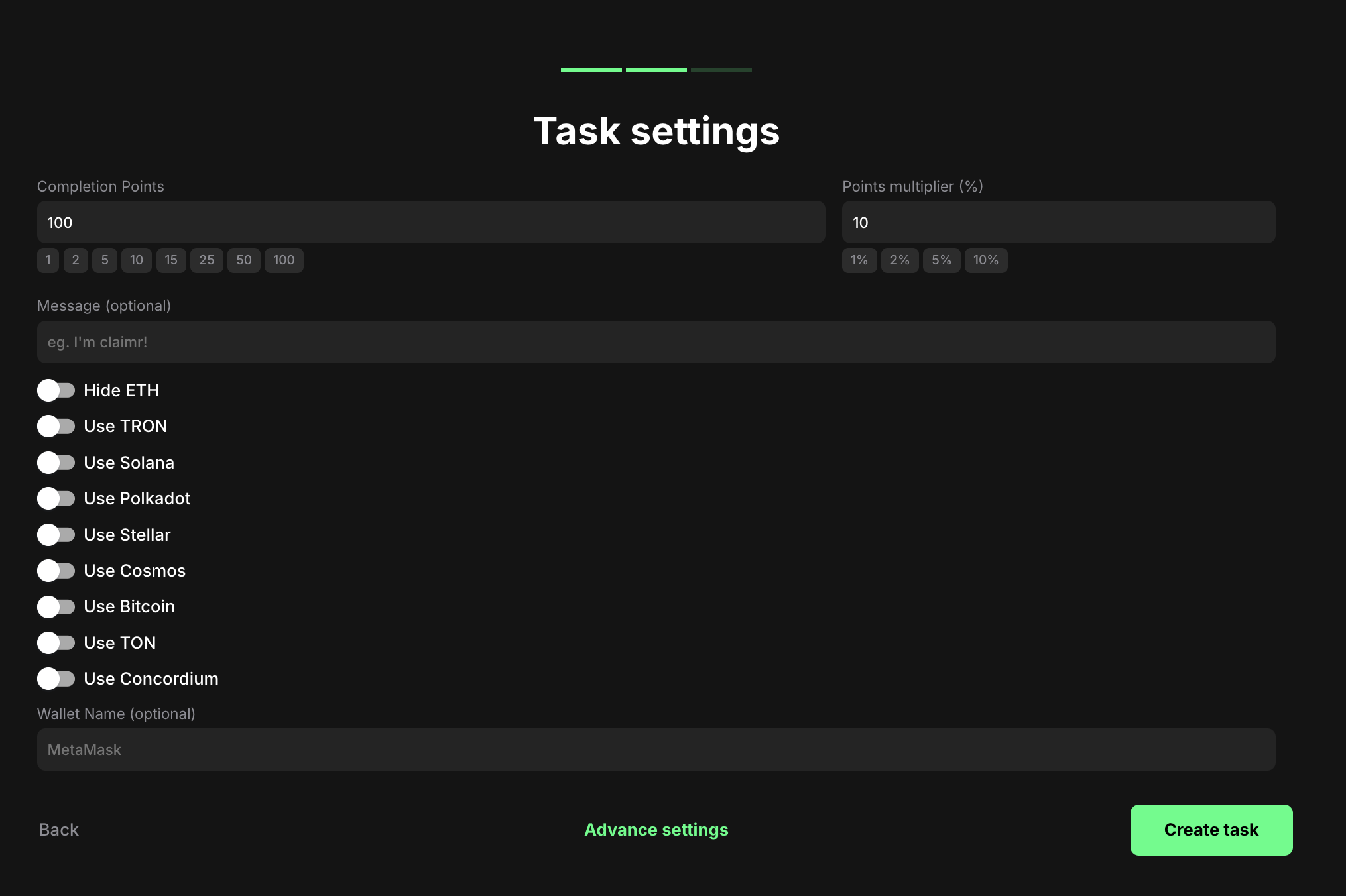 Connect a wallet task settings