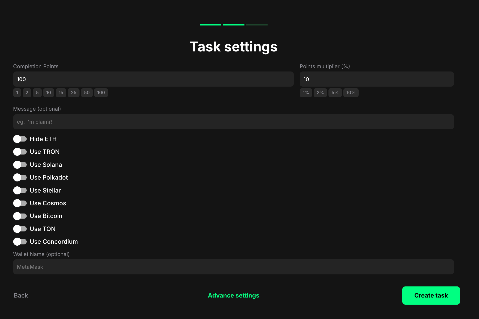 Connect a wallet task settings