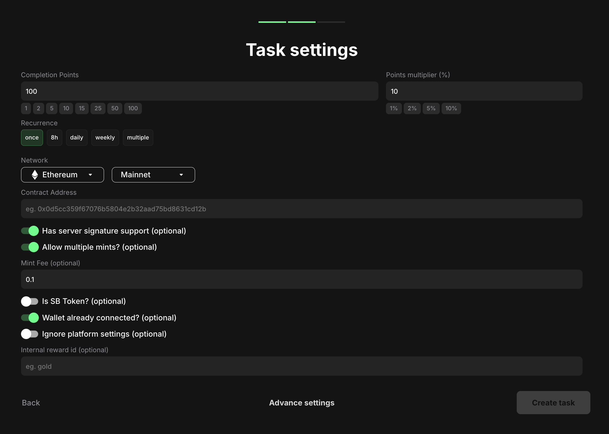 Mint an NFT (721) task settings
