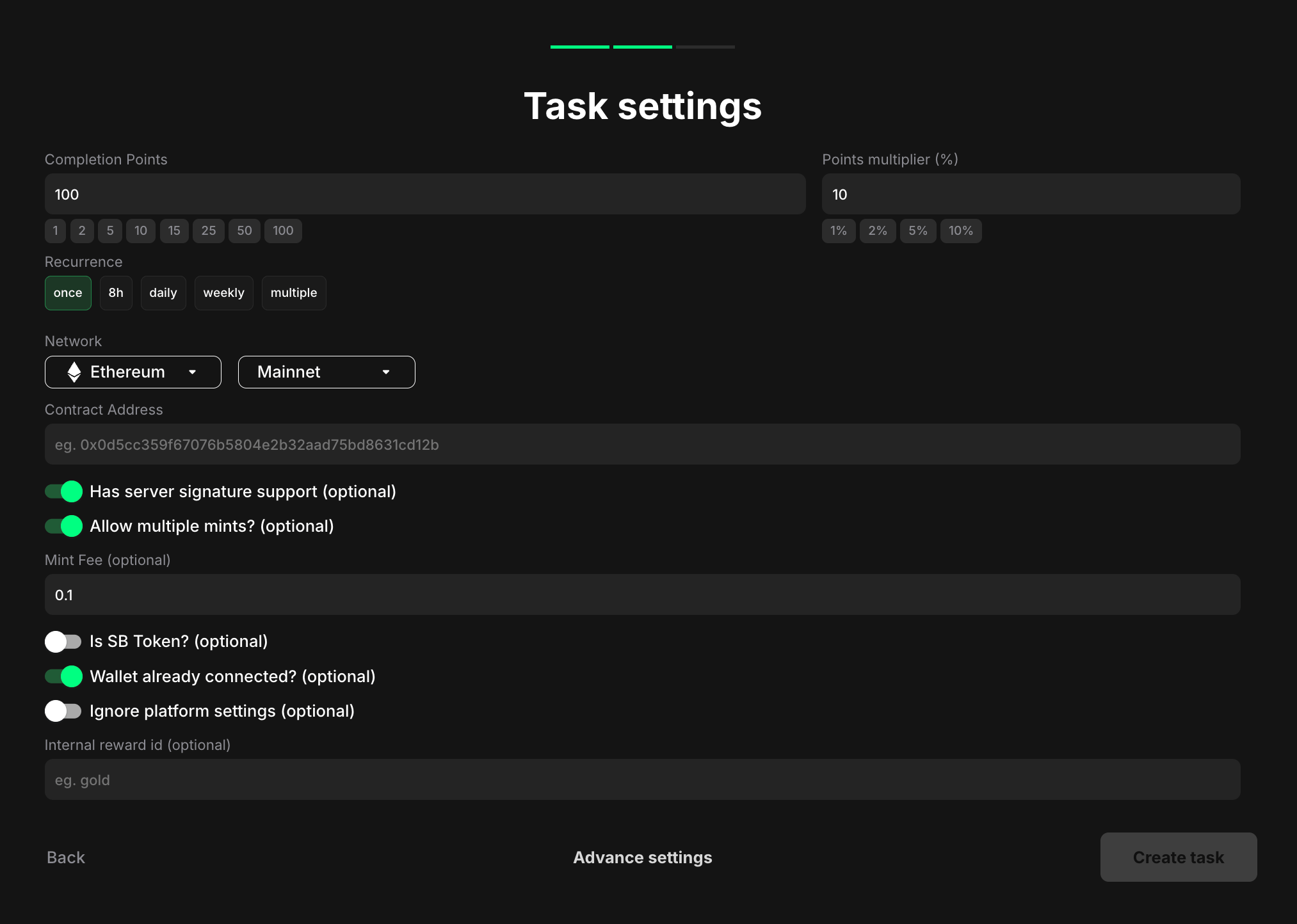 Mint an NFT (721) task settings