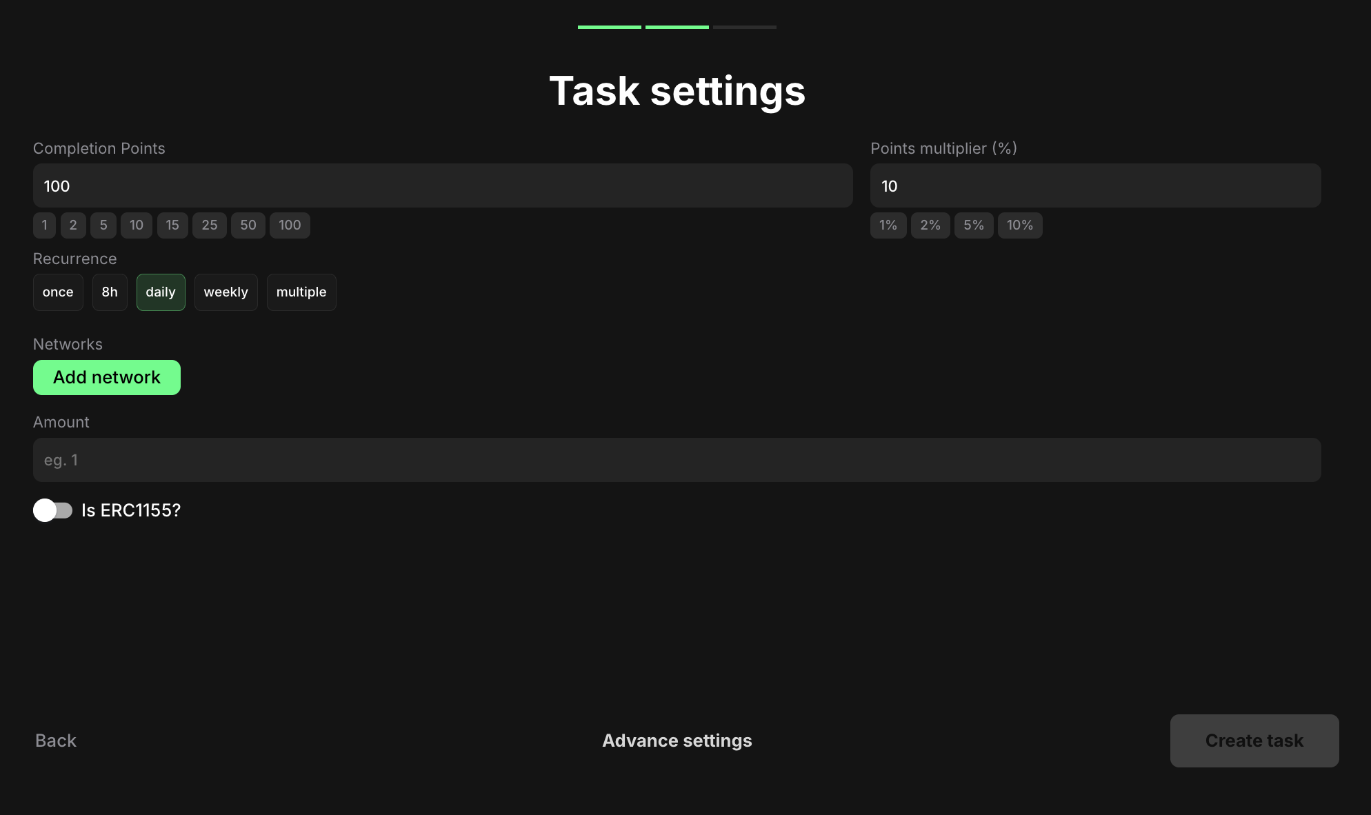 NFT balance task settings