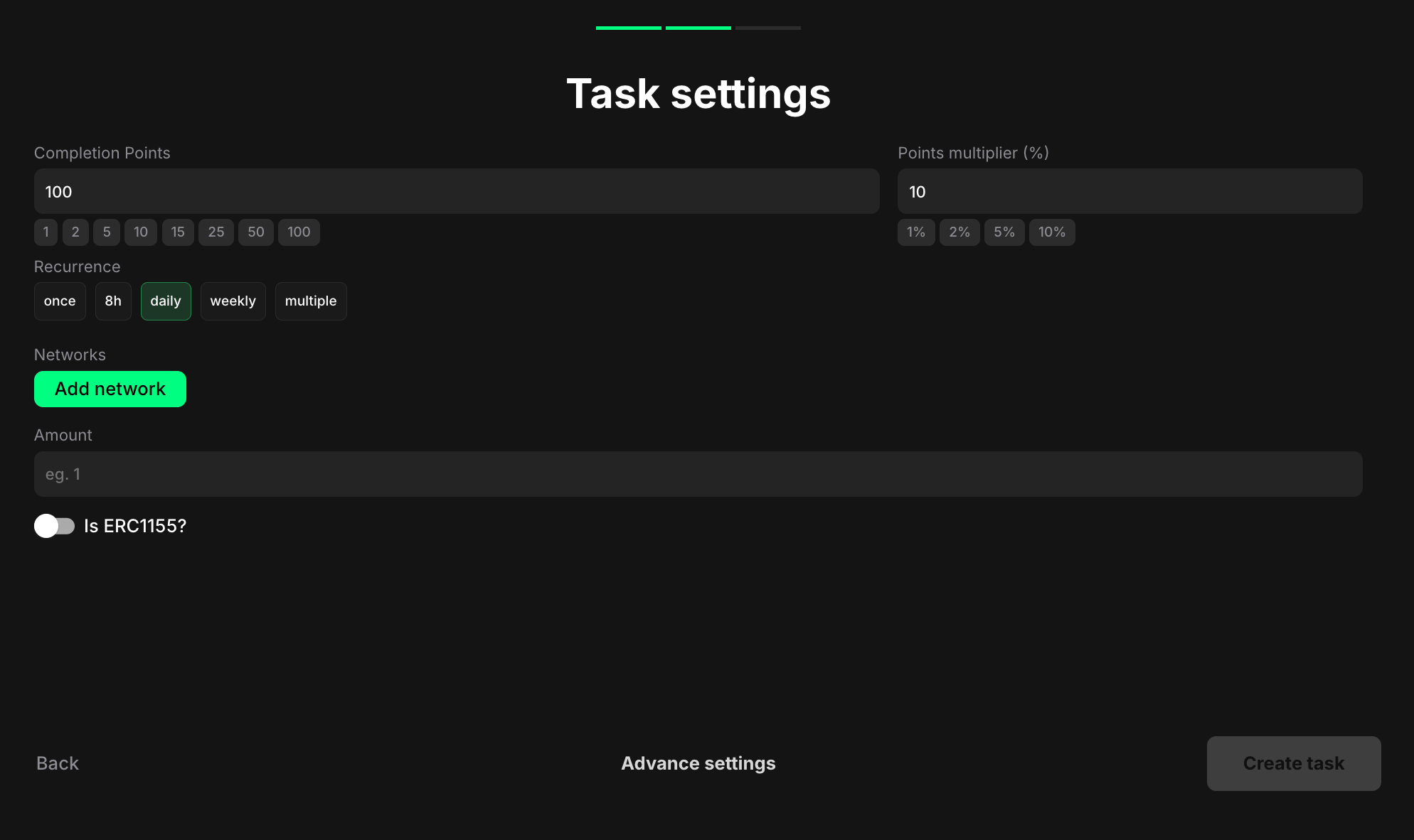 NFT balance task settings