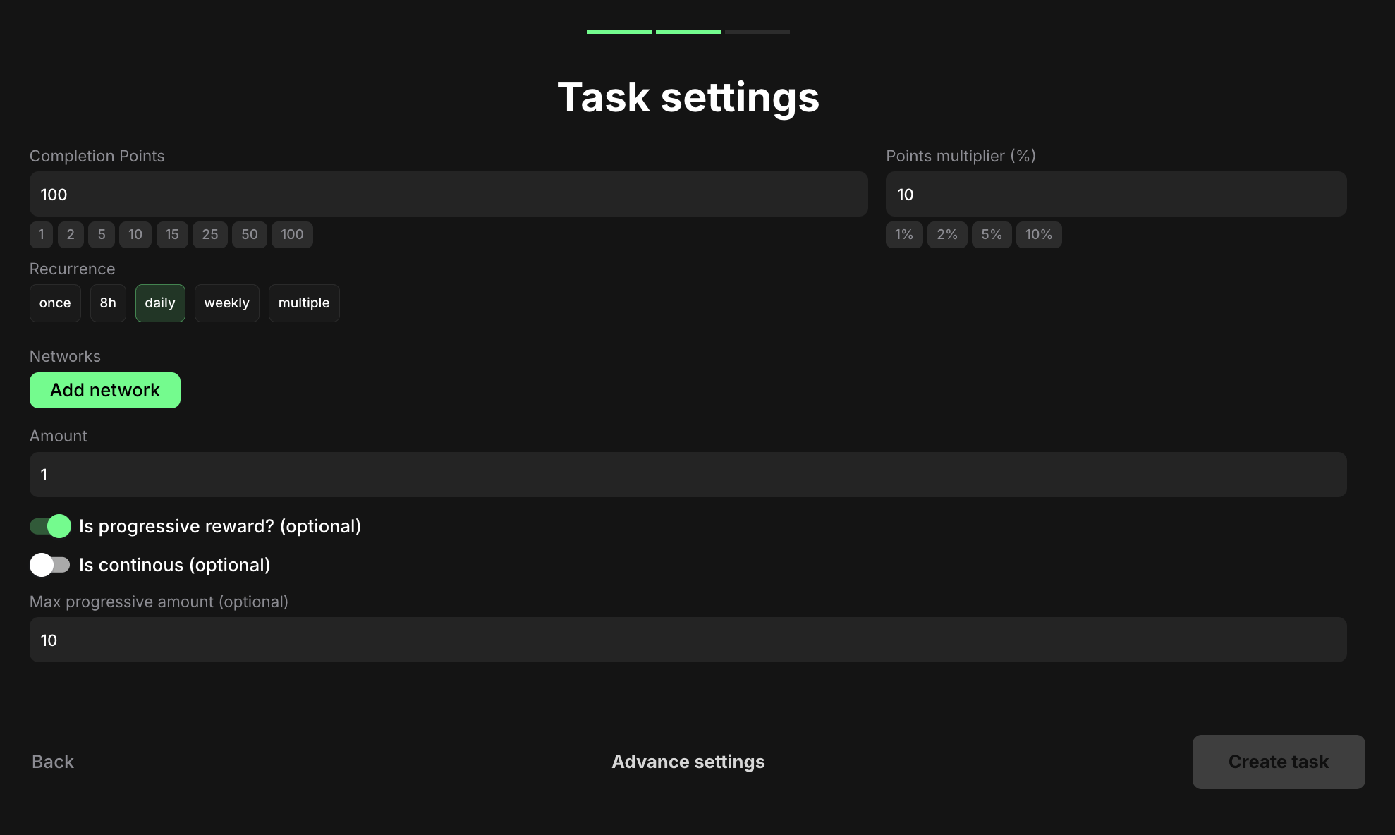 Token balance task settings
