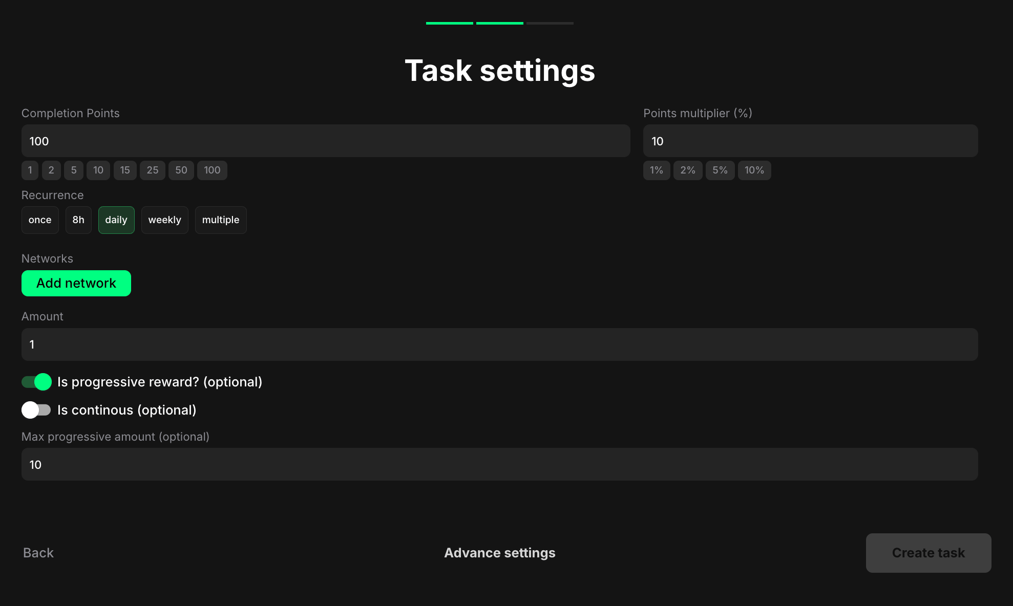 Token balance task settings