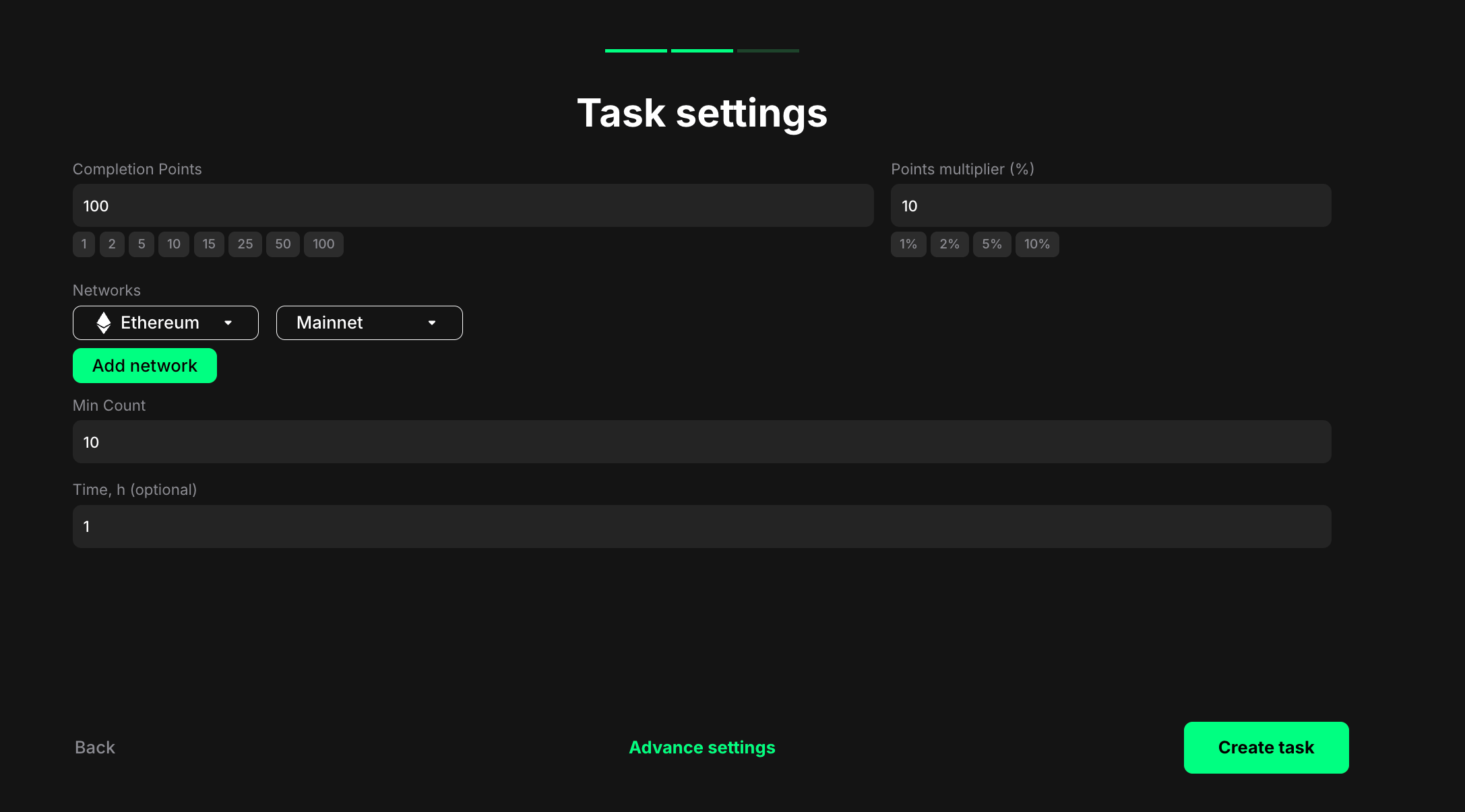 Transactions count task settings