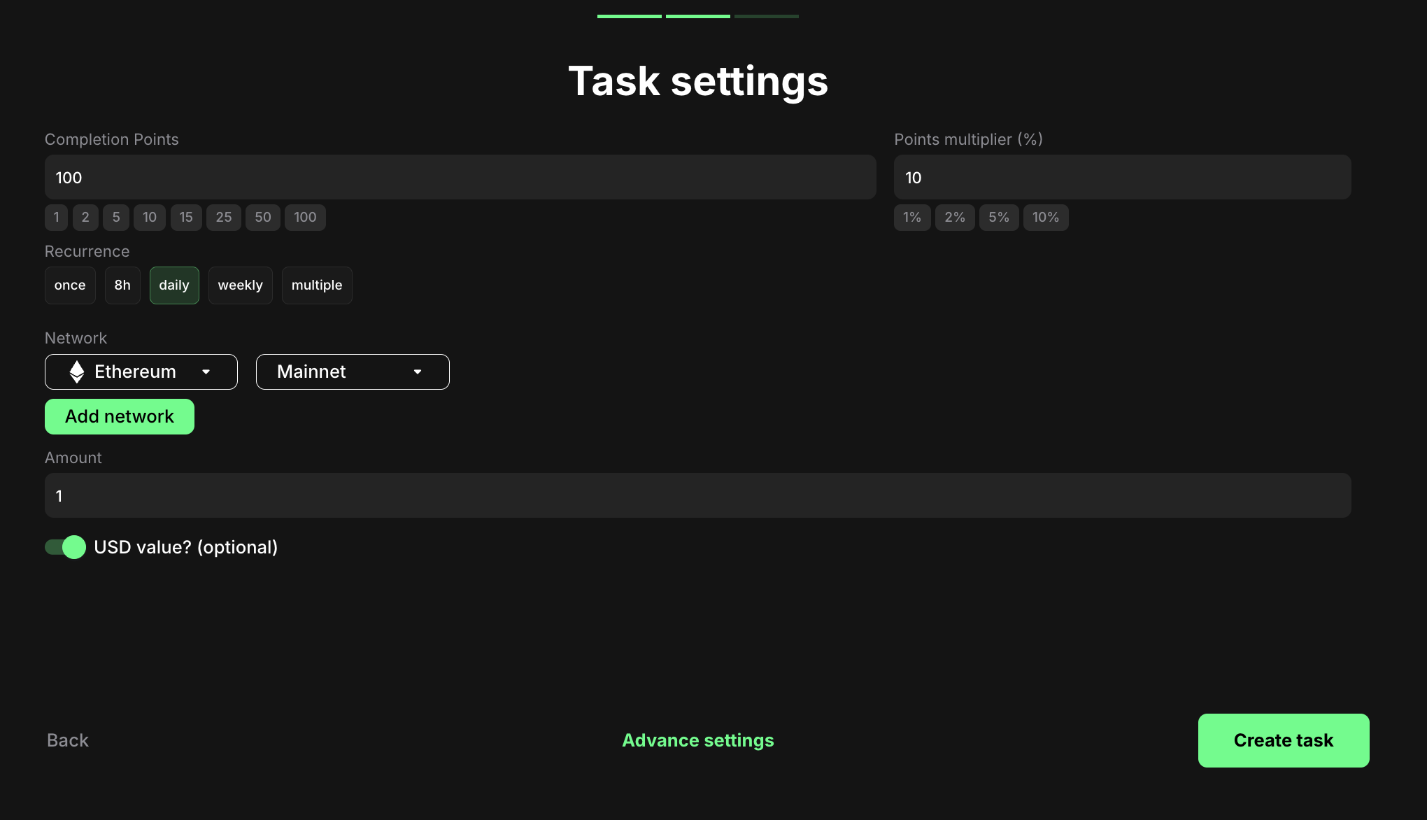 Wallet balance task settings