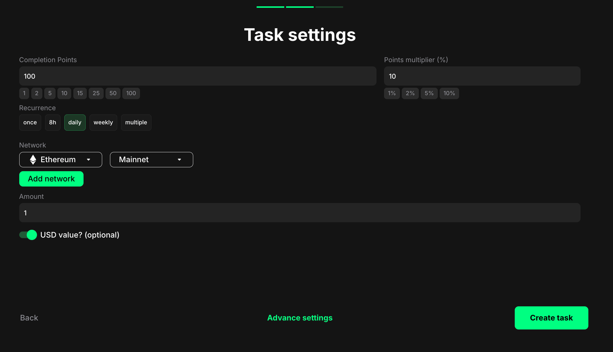 Wallet balance task settings