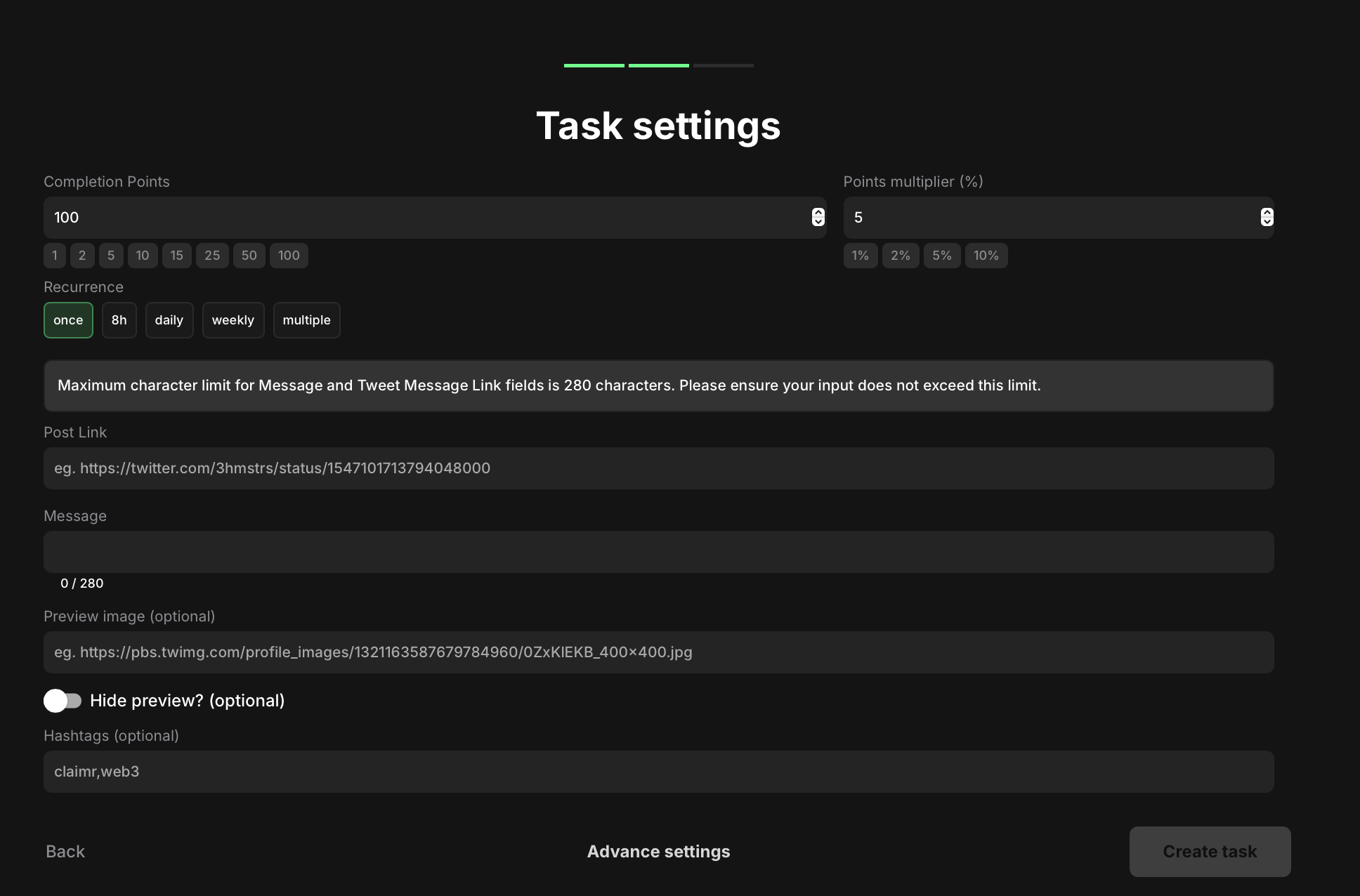 Comment task settings