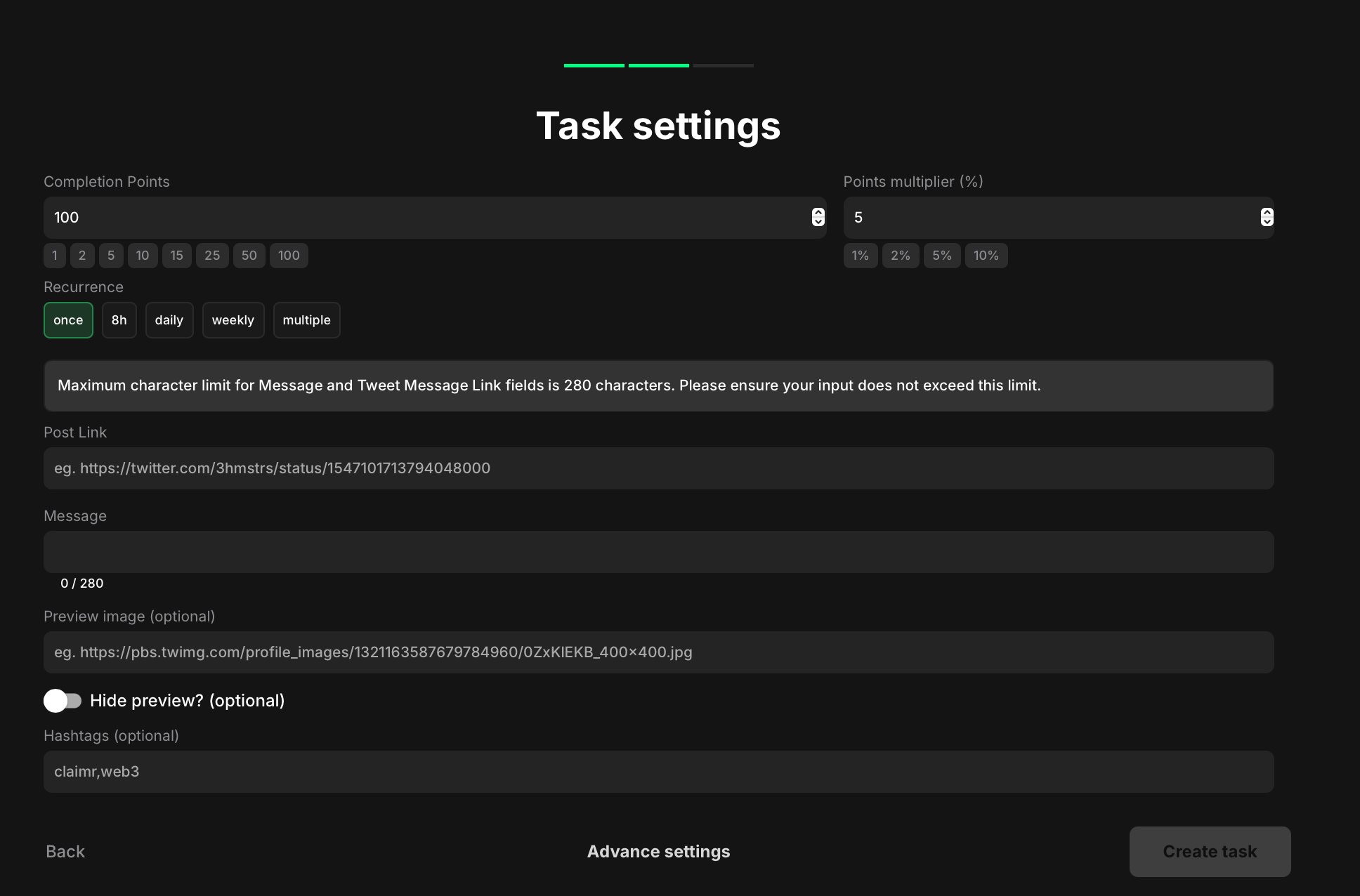 Comment task settings