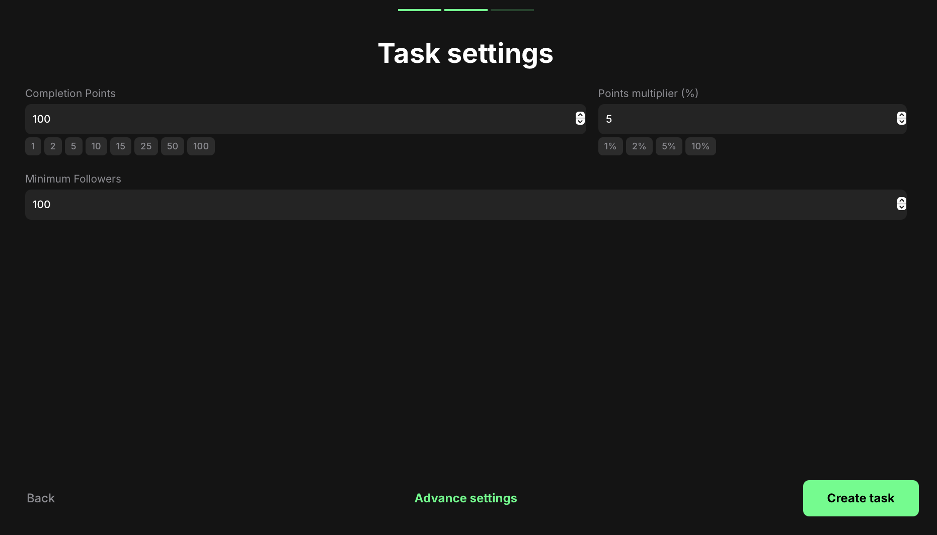 Followers count task settings