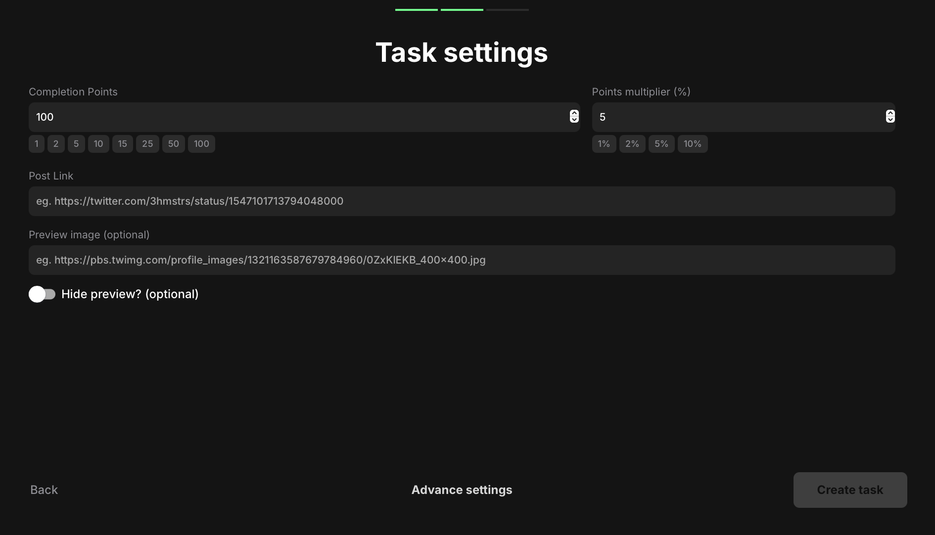 Like a post task settings