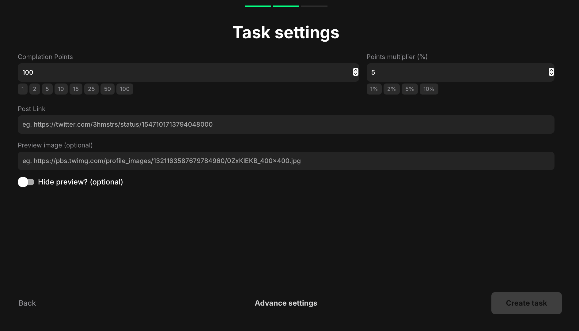 Like a post task settings