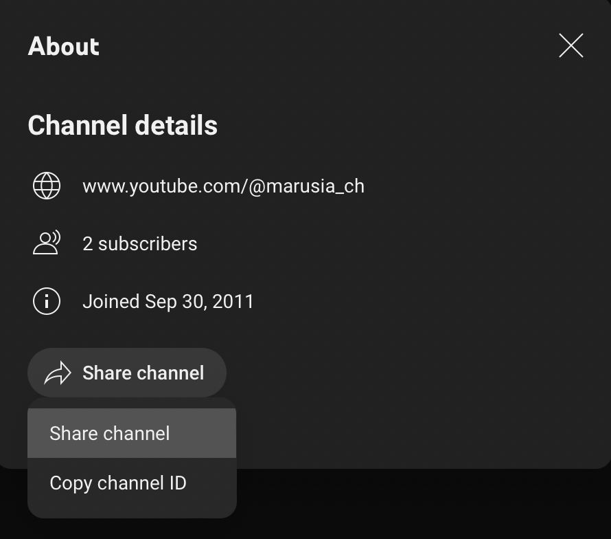 YouTube channel details menu, step 2