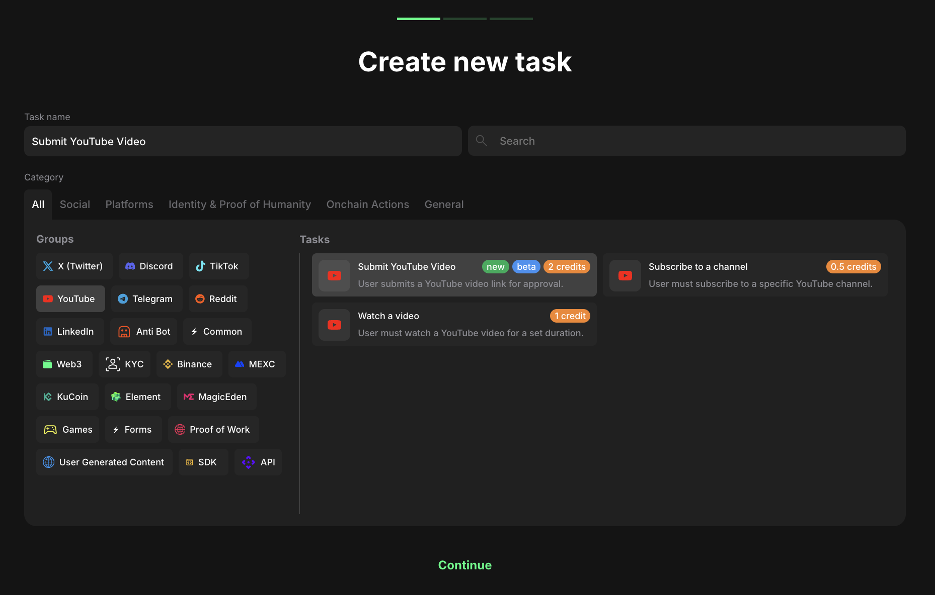 YouTube task type section