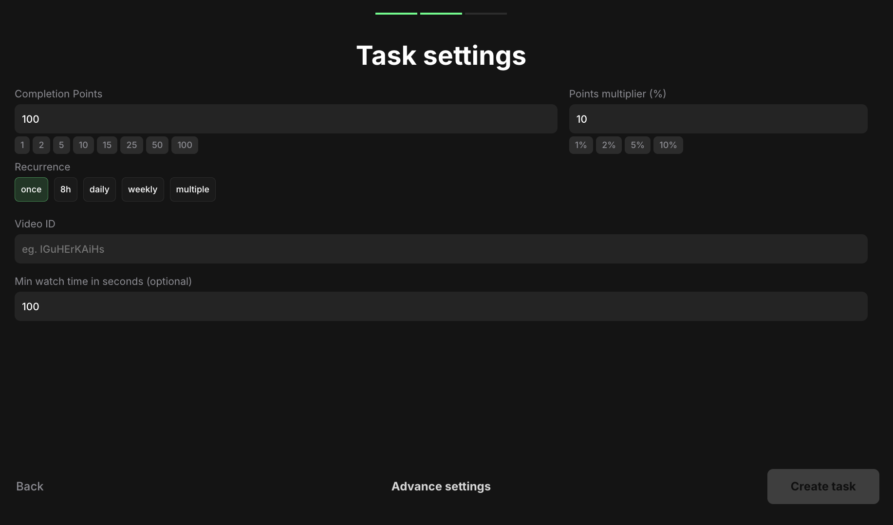 Watch YouTube video task settings