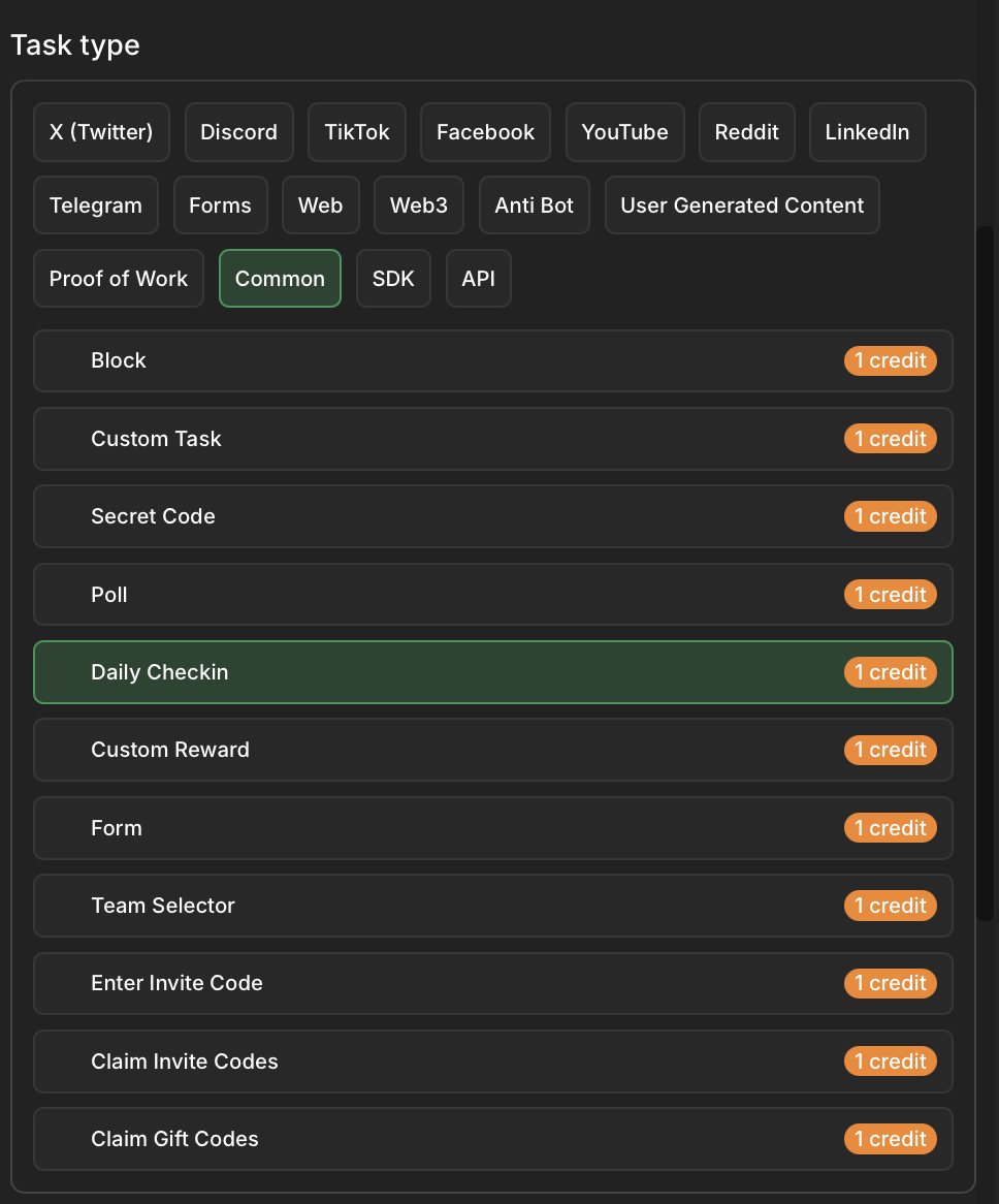 Selecting the Daily Checkin task type