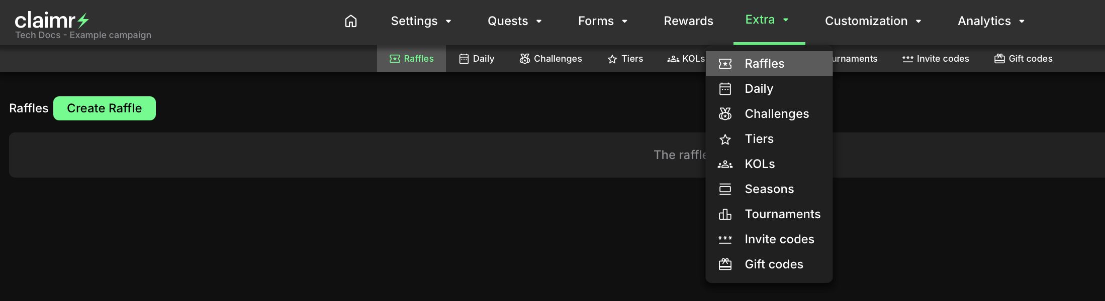 Extra menu with Raffles tab