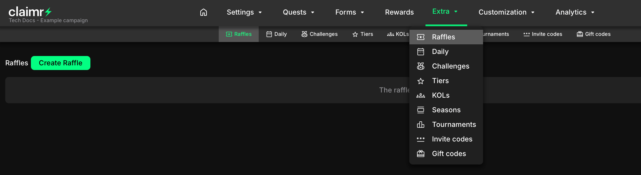 Extra menu with Raffles tab