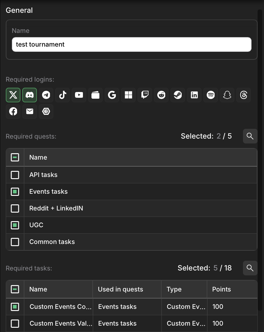 Tournament settings fields